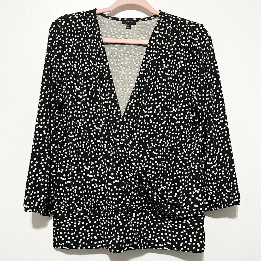 Talbots Womens Polka Dot Wrap Top M Black Twee Secretary Office Mature Business